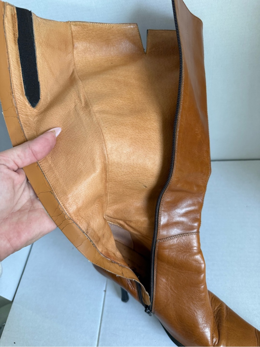 Italian 39 Gorgeous Tall Pointed Leather Boots Classic Cognac Brown-READ - Picture 5 of 14
